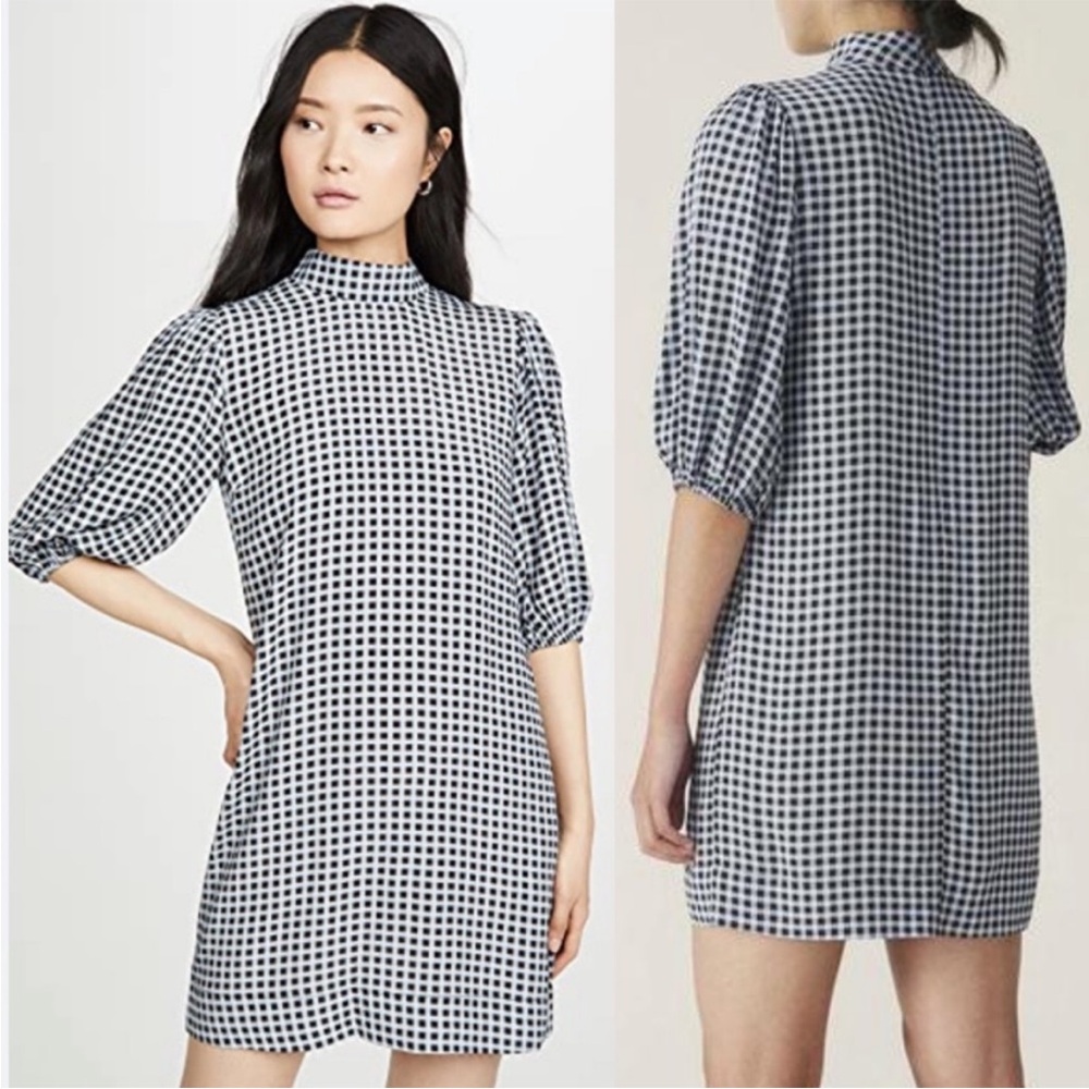 GANNI‎ Gingham Crepe Mini Dress in Brunnera Blue UK Sz 42 US Sz 10/12